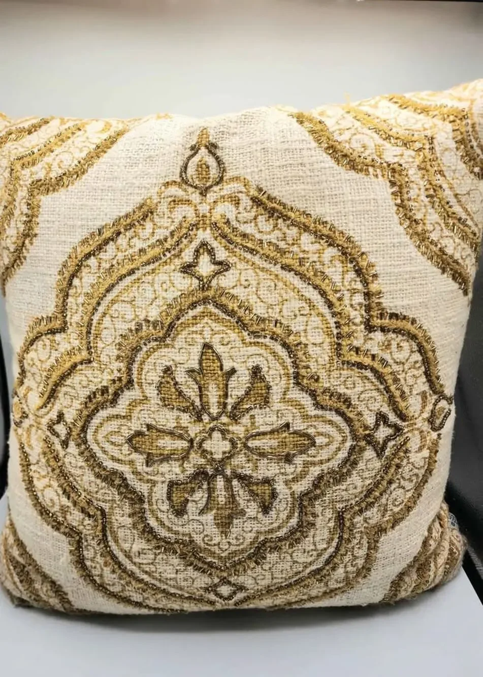 Gold Beige Throw Pillow 17x17 Damask Medallion Pattern Accent Pillow Cushion